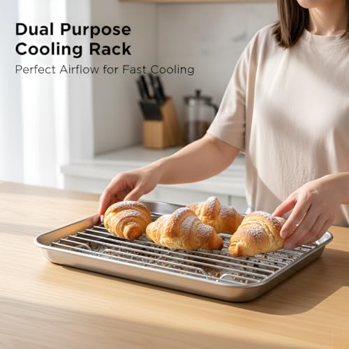 Snevad Stainless Steel Baking Tray Large Oven Pan with Cooling Rack Heavy Duty Non Toxic Rust Resistant Dishwasher Safe Perfect for Baking Cakes Pastries Muffins Snacks Roasting Grilling and Serving - Image 3