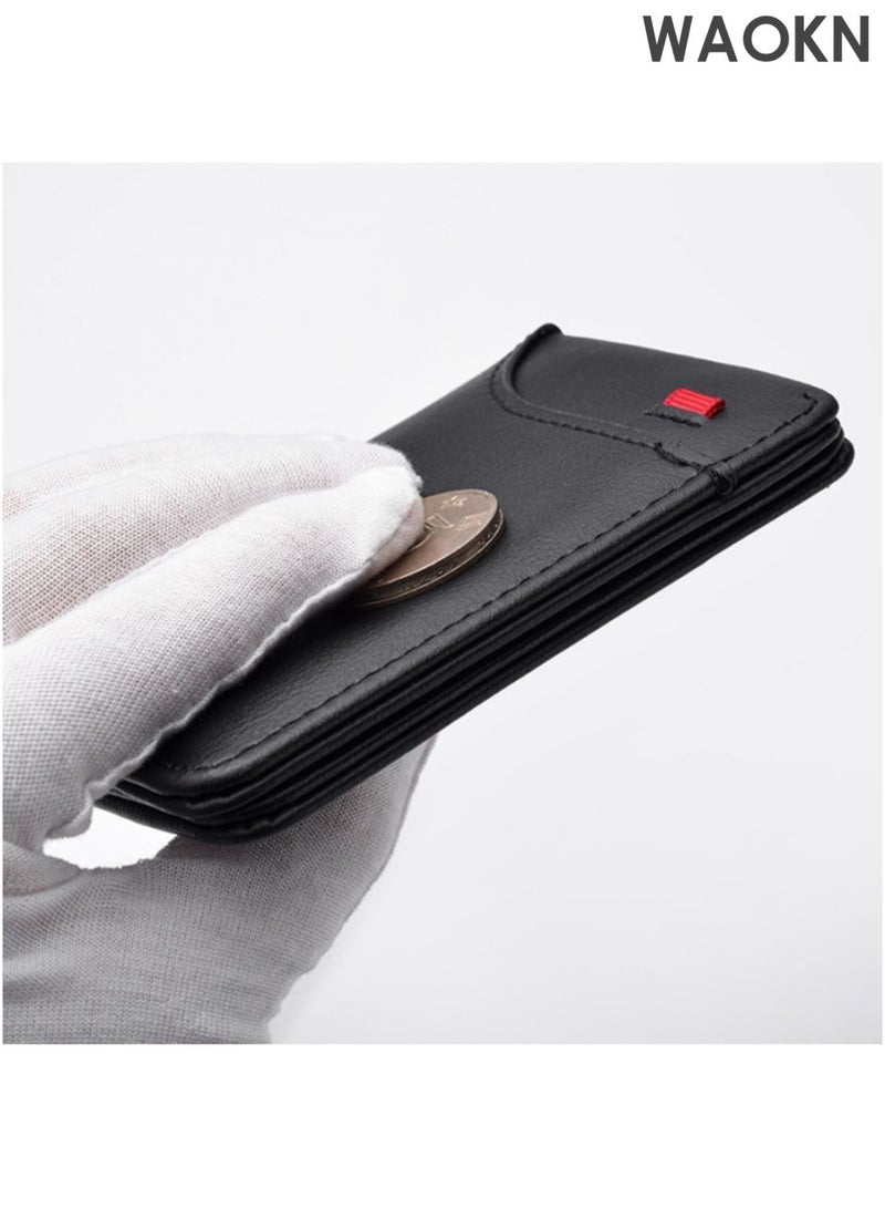 WAOKN New card holder wallet, multi slot card holder vertical men's wallet, leather ultra-thin wallet, men's short wallet, pocket double fold credit card holder thin wallet, with ID card window (black). - Image 3