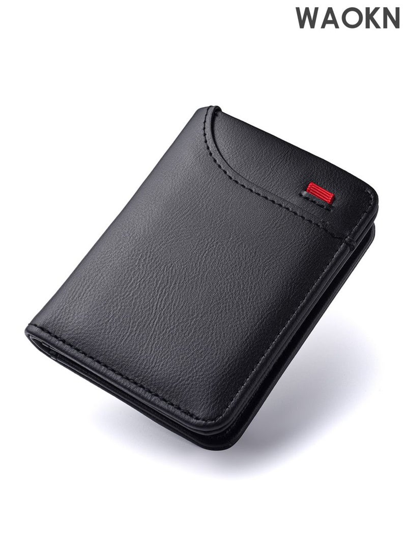 WAOKN New card holder wallet, multi slot card holder vertical men's wallet, leather ultra-thin wallet, men's short wallet, pocket double fold credit card holder thin wallet, with ID card window (black). - Image 1