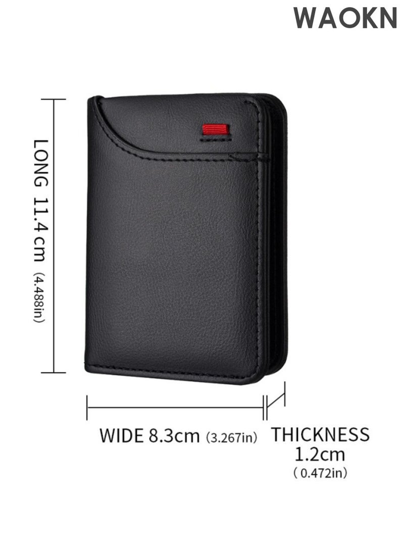 WAOKN New card holder wallet, multi slot card holder vertical men's wallet, leather ultra-thin wallet, men's short wallet, pocket double fold credit card holder thin wallet, with ID card window (black). - Image 4