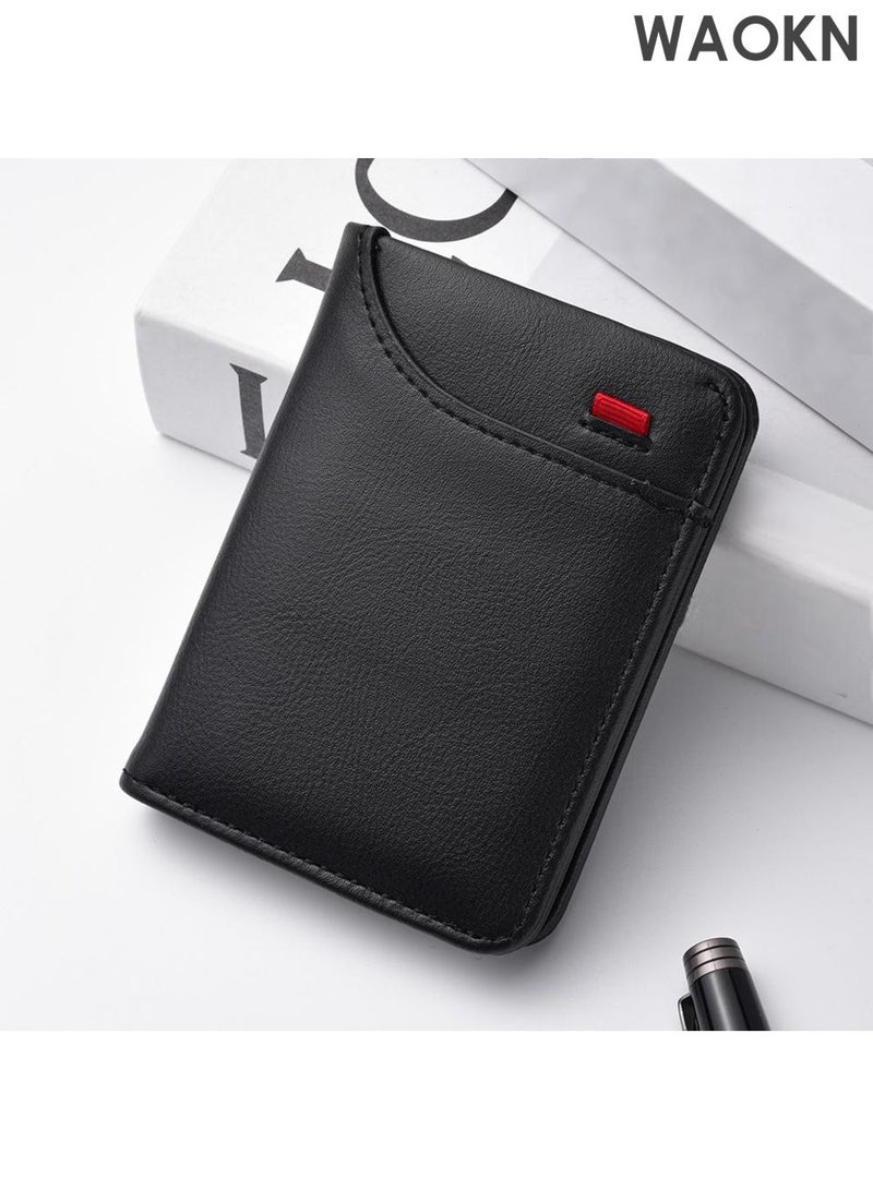 WAOKN New card holder wallet, multi slot card holder vertical men's wallet, leather ultra-thin wallet, men's short wallet, pocket double fold credit card holder thin wallet, with ID card window (black). - Image 2