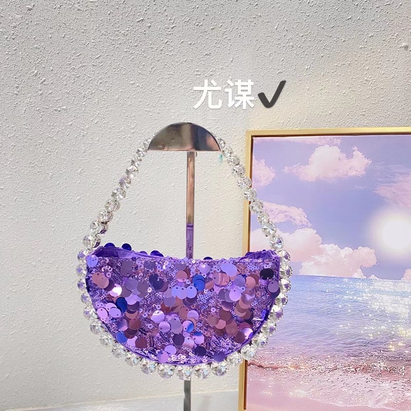 French Shiny Sequin Diamond Semicircle Box Bag Evening Party Rhinestone Bead Mobile Phone Hand-Held Hand Bag For Women - Image 1