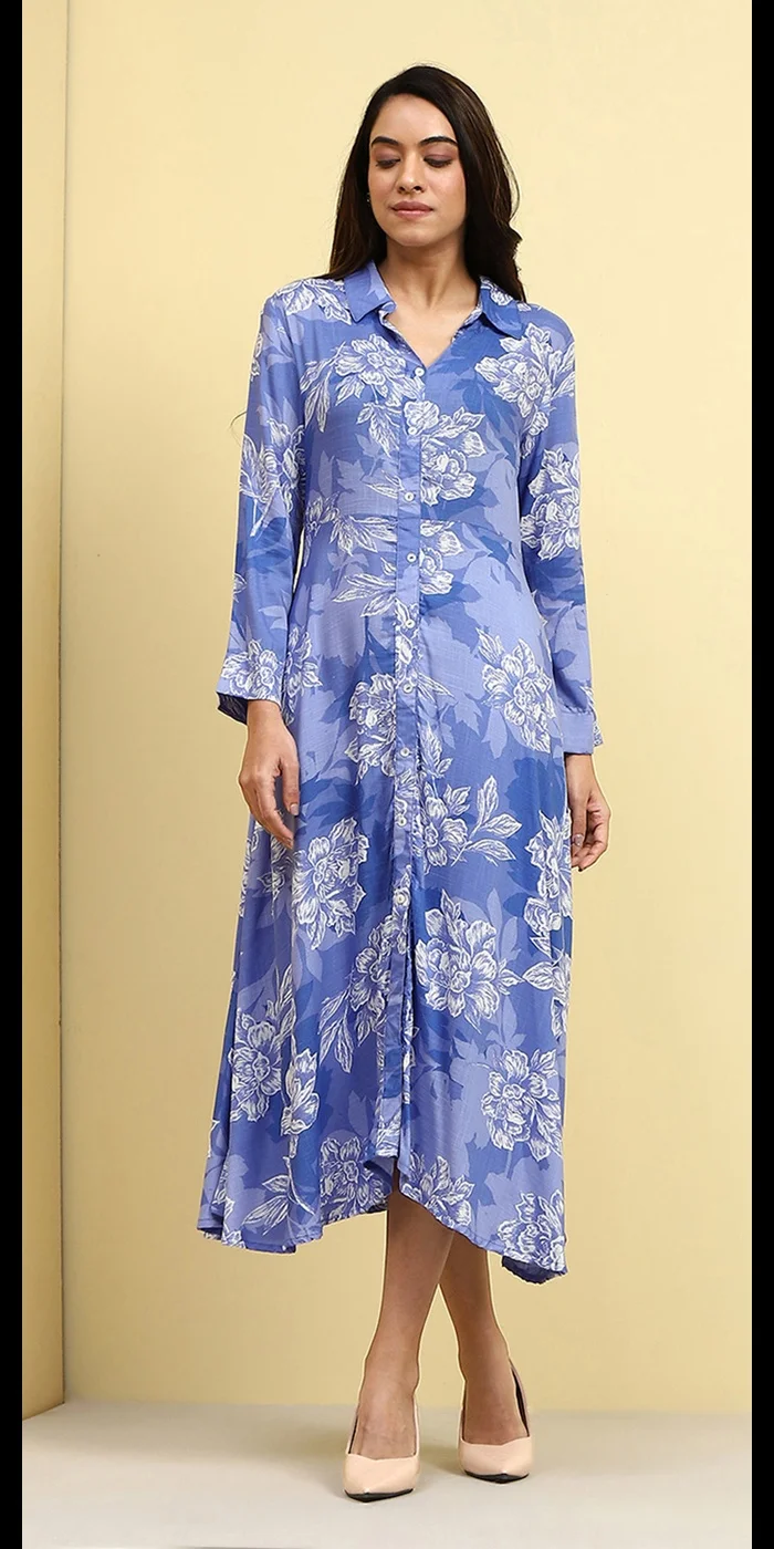 بيبا فستان على شكل قميص أزرق مطبوع بالزهور على شكل خط A