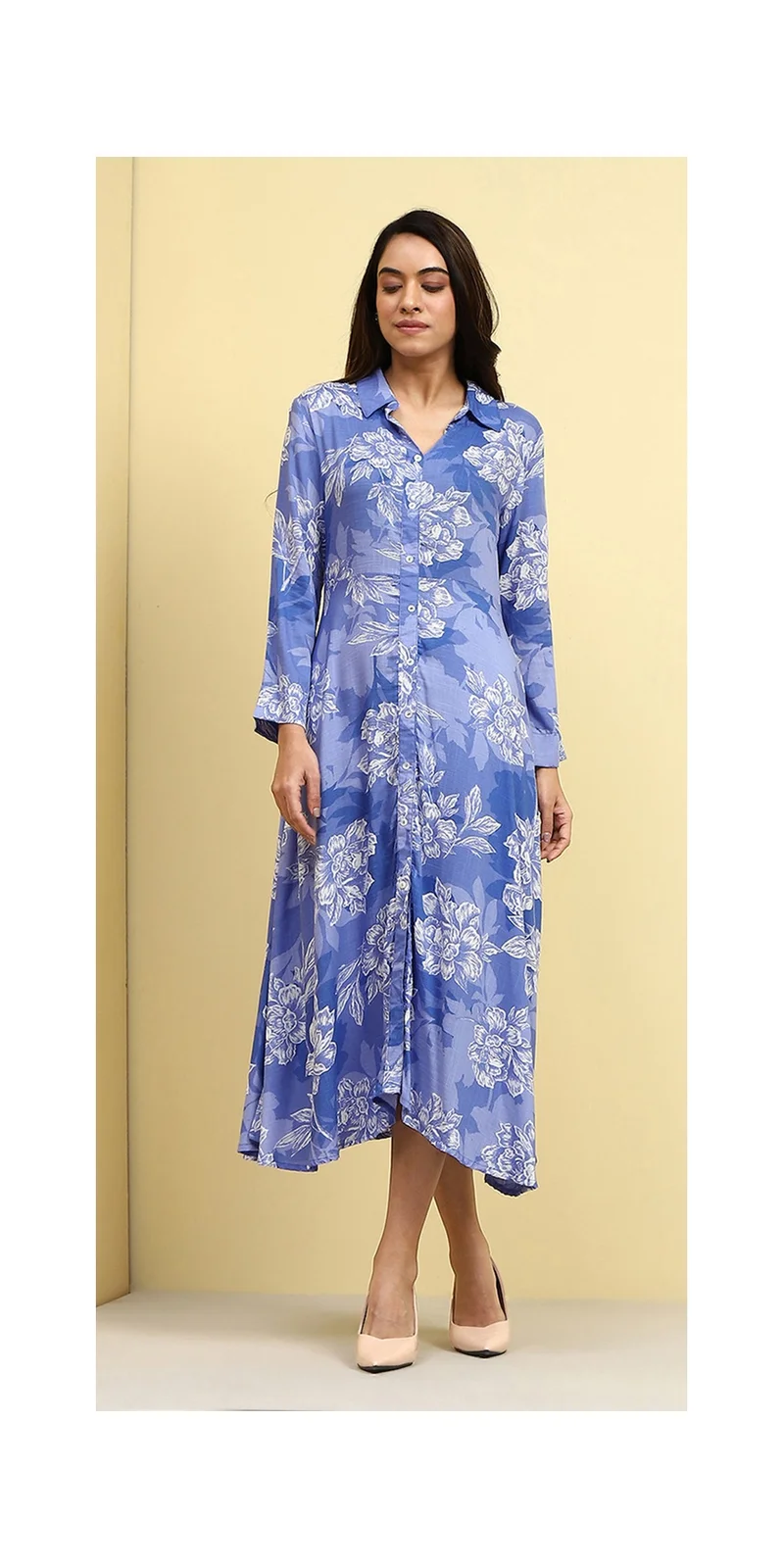 Biba Blue Floral Printed Shirt Style A-line Dress