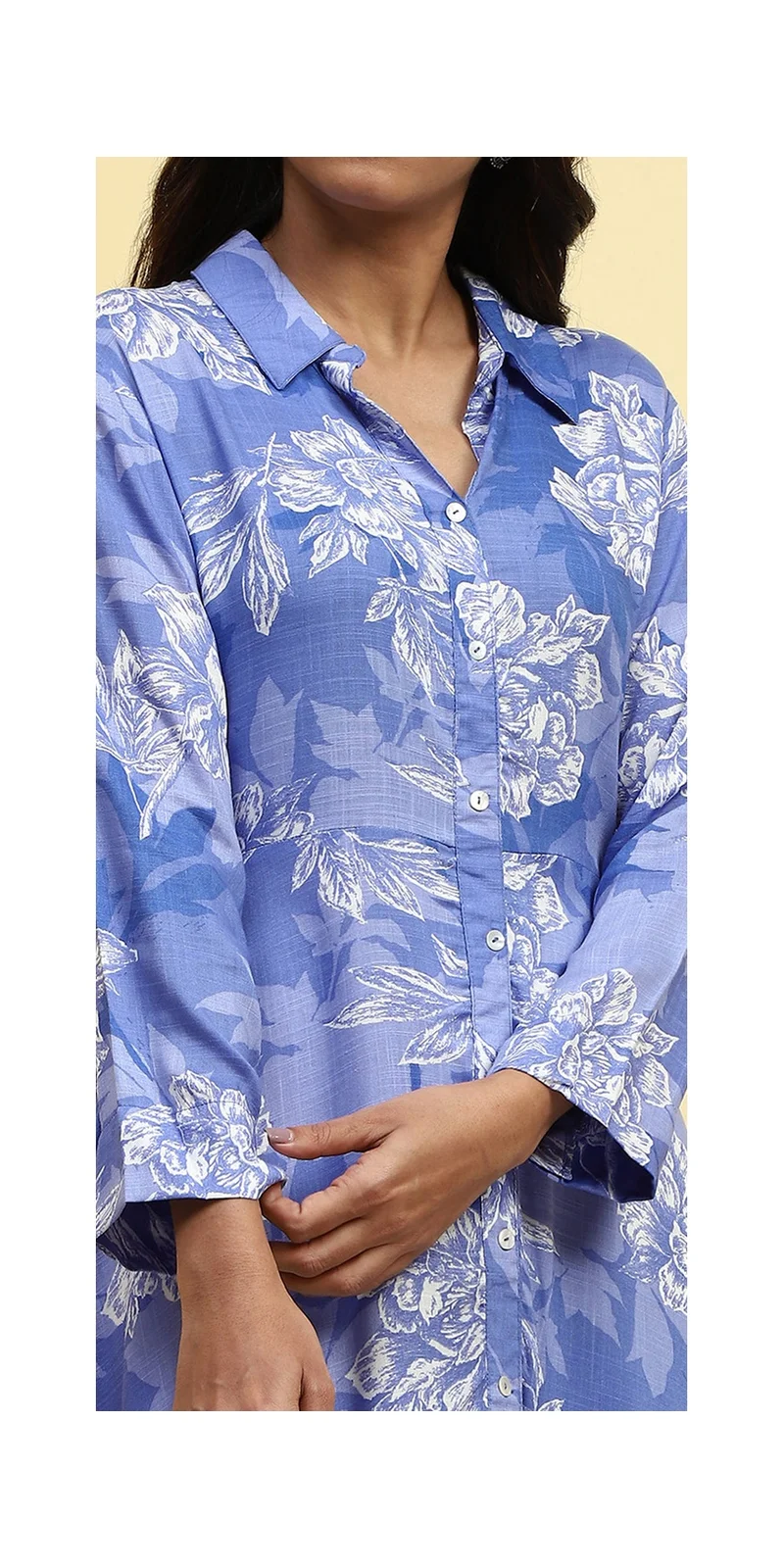 Biba Blue Floral Printed Shirt Style A-line Dress