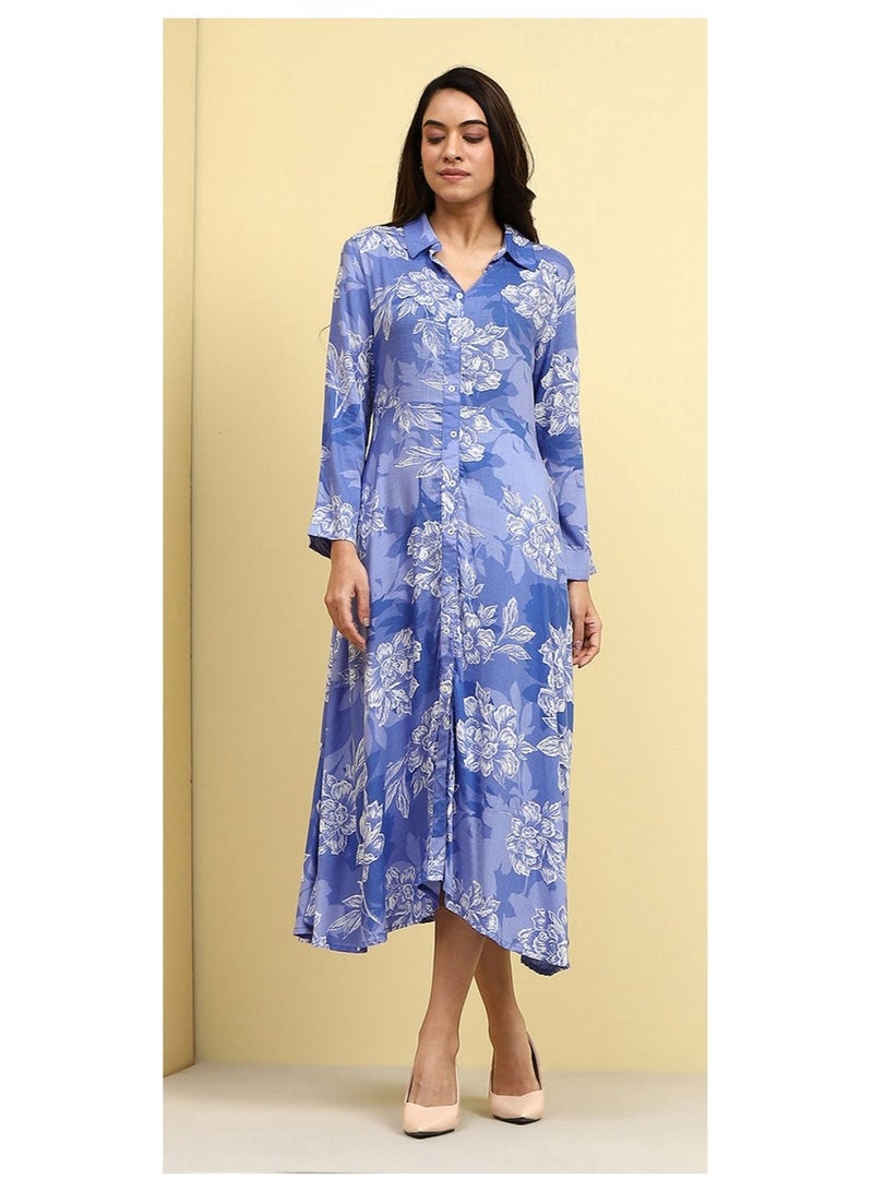 Biba Blue Floral Printed Shirt Style A-line Dress - Image 1