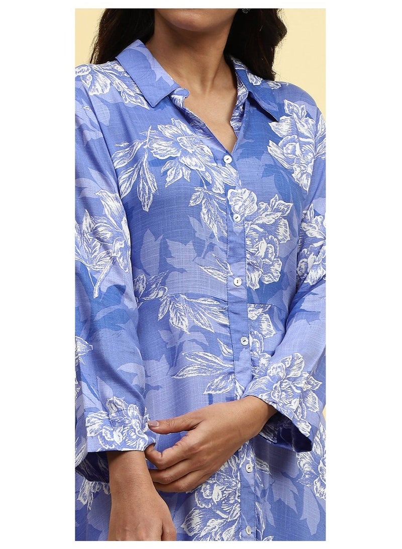 Biba Blue Floral Printed Shirt Style A-line Dress - Image 2