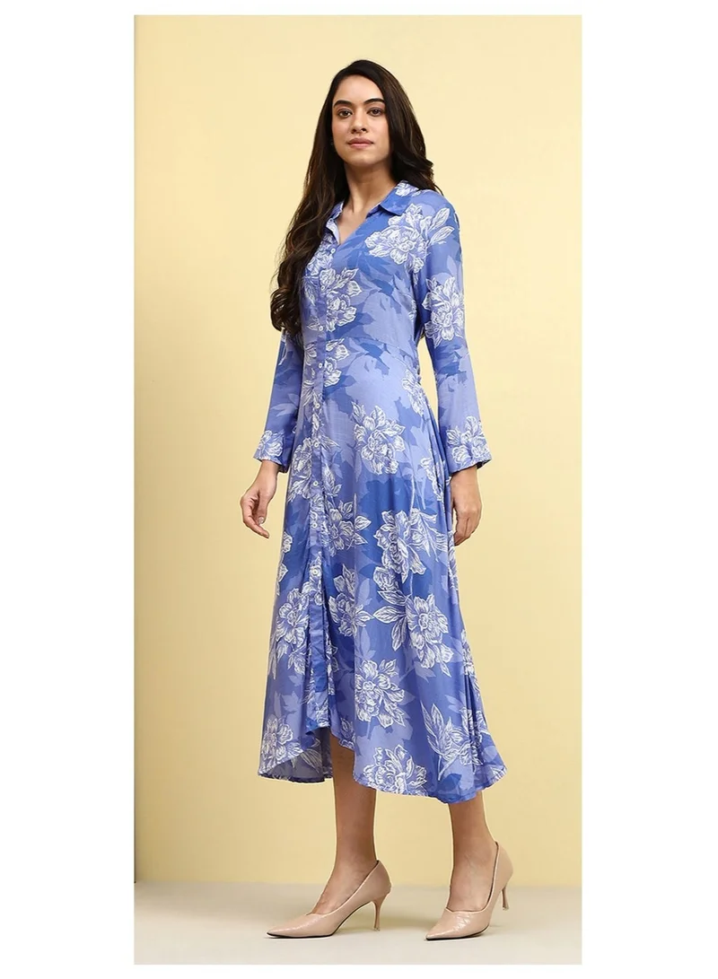 Biba blue Blue Floral Printed Shirt Style A-line Dress for Women | Best Price UAE