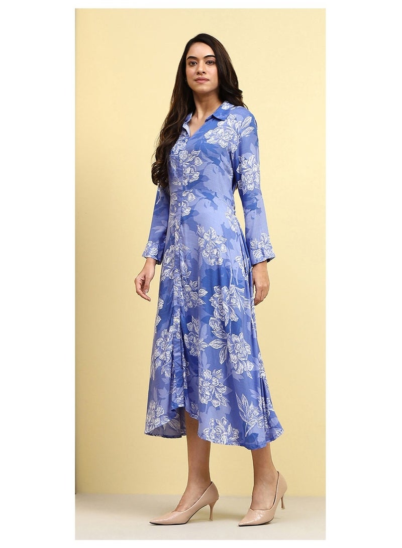 Biba Blue Floral Printed Shirt Style A-line Dress - Image 3