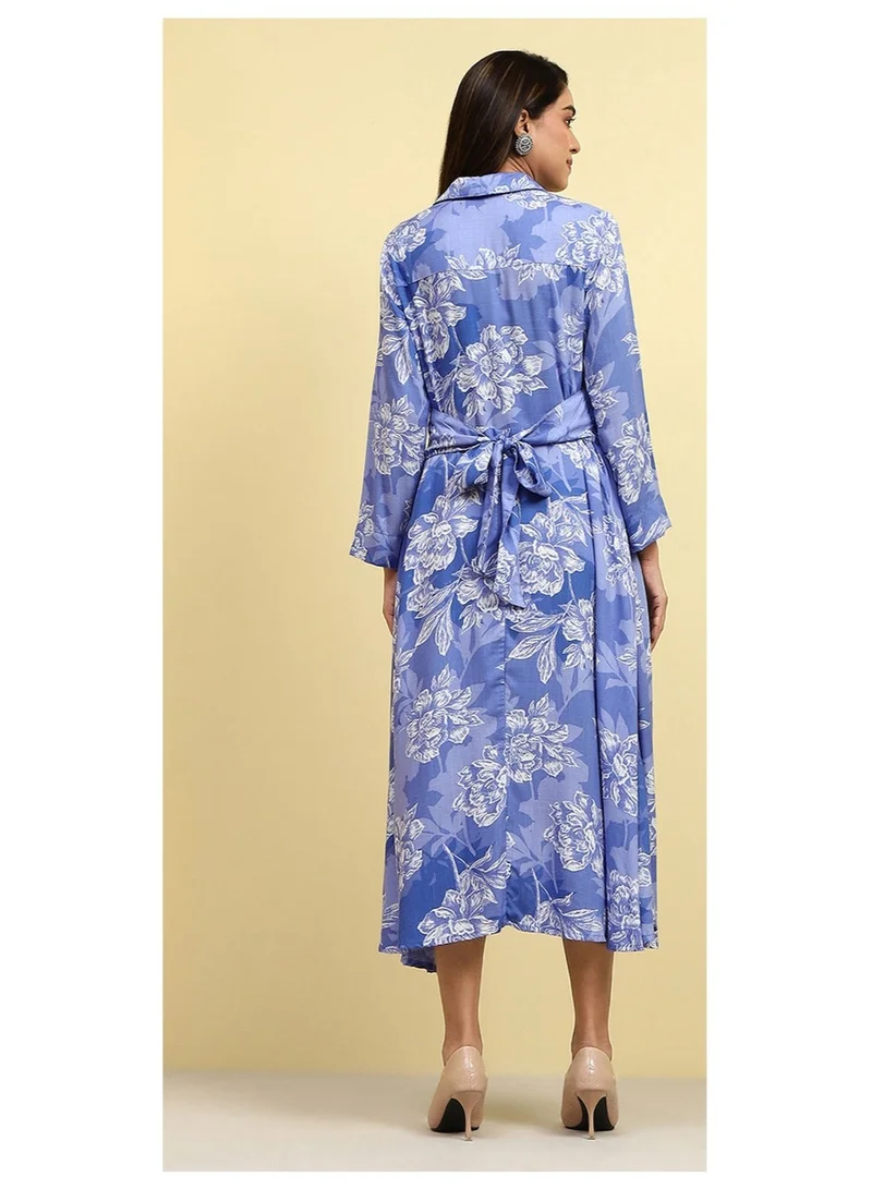 Biba blue Blue Floral Printed Shirt Style A-line Dress for Women | Best Price UAE