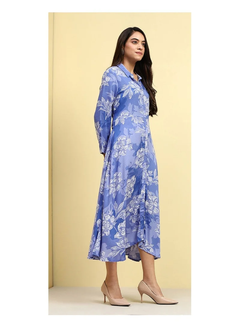 Biba blue Blue Floral Printed Shirt Style A-line Dress for Women | Best Price UAE