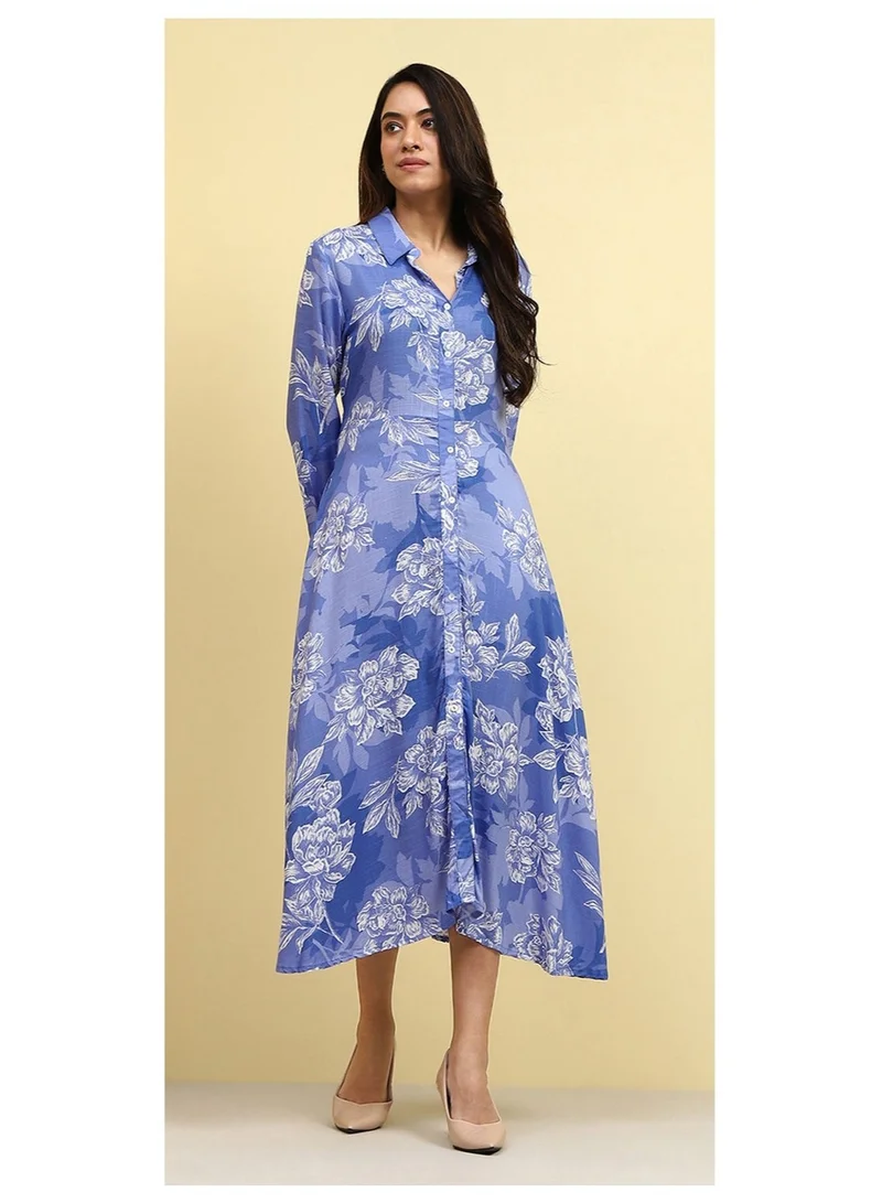 Biba blue Blue Floral Printed Shirt Style A-line Dress for Women | Best Price UAE