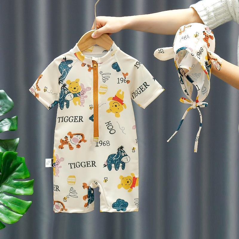 Generic Boys Swimsuit Summer Kidsrens Long-Sleeved Swimsuit Summer Boy Summer New Beach Wear Baby One-Piece Swimsuit Cartoon printed all over, free hat