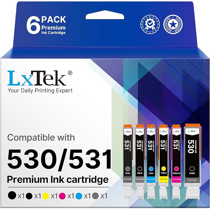 LxTek CLI 531 PGI 530 Compatible with Pixma TS8750, for Pixma TS8751 Cartridges CLI531 PGI530 CLI-531 PGI-530 PGI-530PGBK Printer Cartridges (6 Pack, Grey PGBK Black Cyan Magenta Yellow)