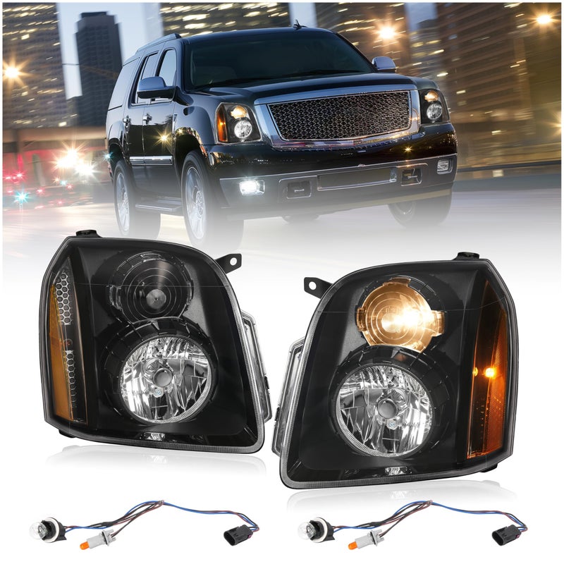 HECASA Pair Headlights Compatible with 20072014 GMC Yukon XL 1500 Denali Replacement for GM2503318 GM2502318 20969897 20969896 Halogen Headlamp wBulbs Clear Lens Black Housing