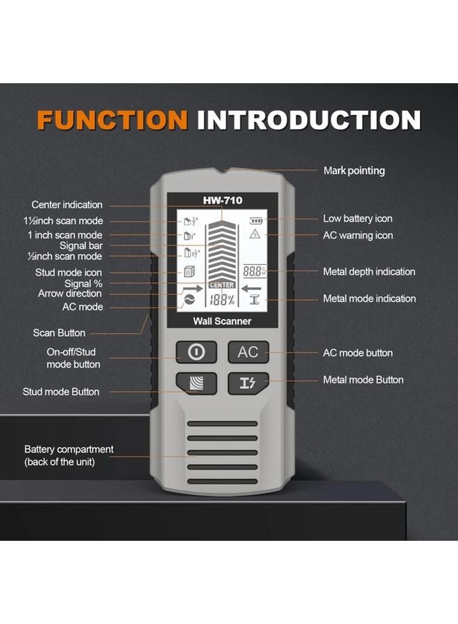 Gray Portable Digital Wall Scanner Detector 5 Modes LCD Display Stud Finder - Image 5