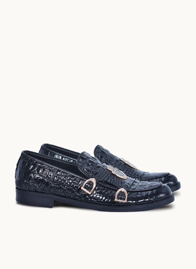 Men's Premium Leather Loafers – Croco Pattern – Handmade Formal Shoes - BLACK - Image 1