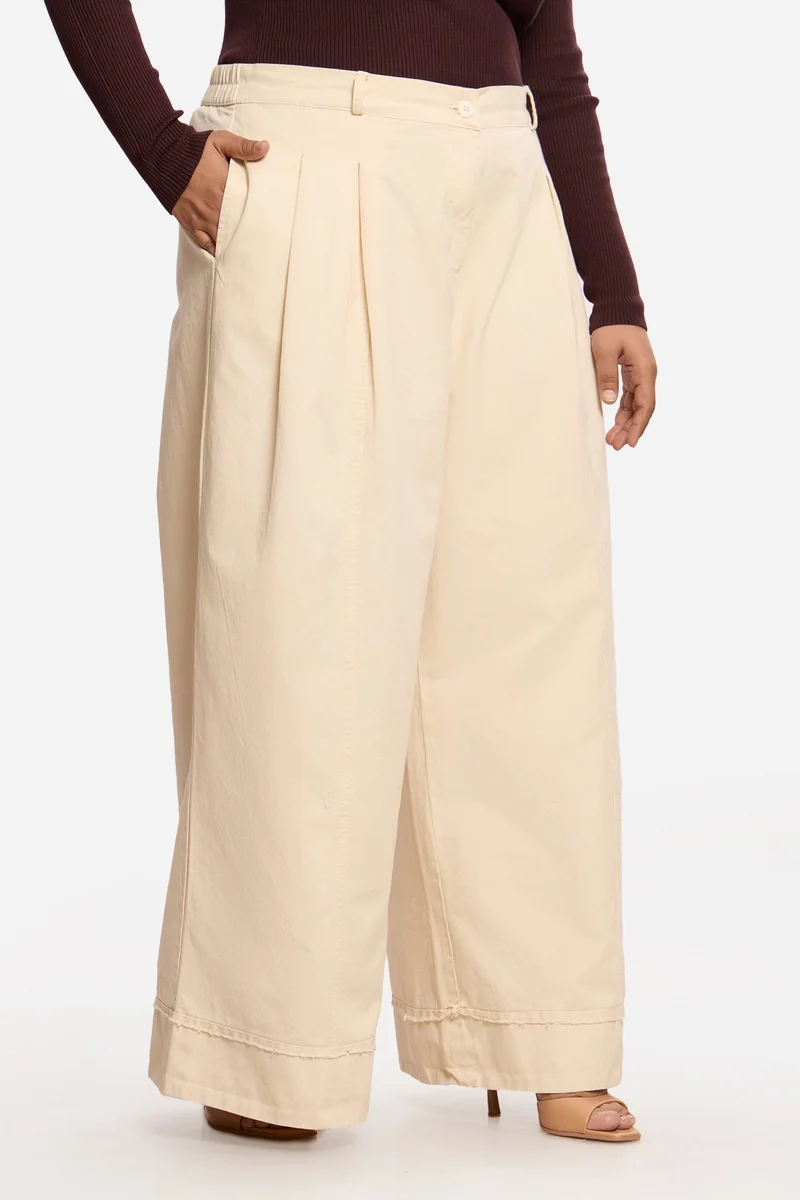 Virgio Cream Solid 100%. Cotton Utility Pleated Plus Size Trousers for Women for Women | Best Price UAE