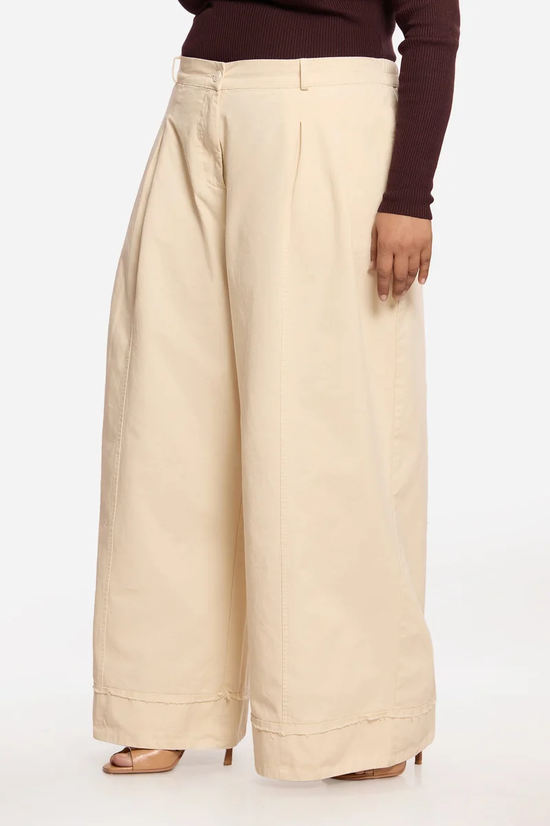 Virgio Cream Solid 100%. Cotton Utility Pleated Plus Size Trousers for Women for Women | Best Price UAE