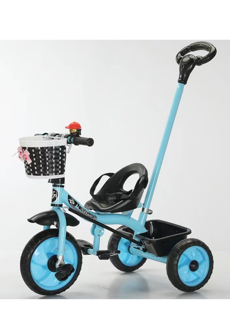 Mike Music - 3-in-1 Toddler Tricycle with Push Handle, Safety Bar, and Storage – Lightweight, Convertible, Blue - Image 1