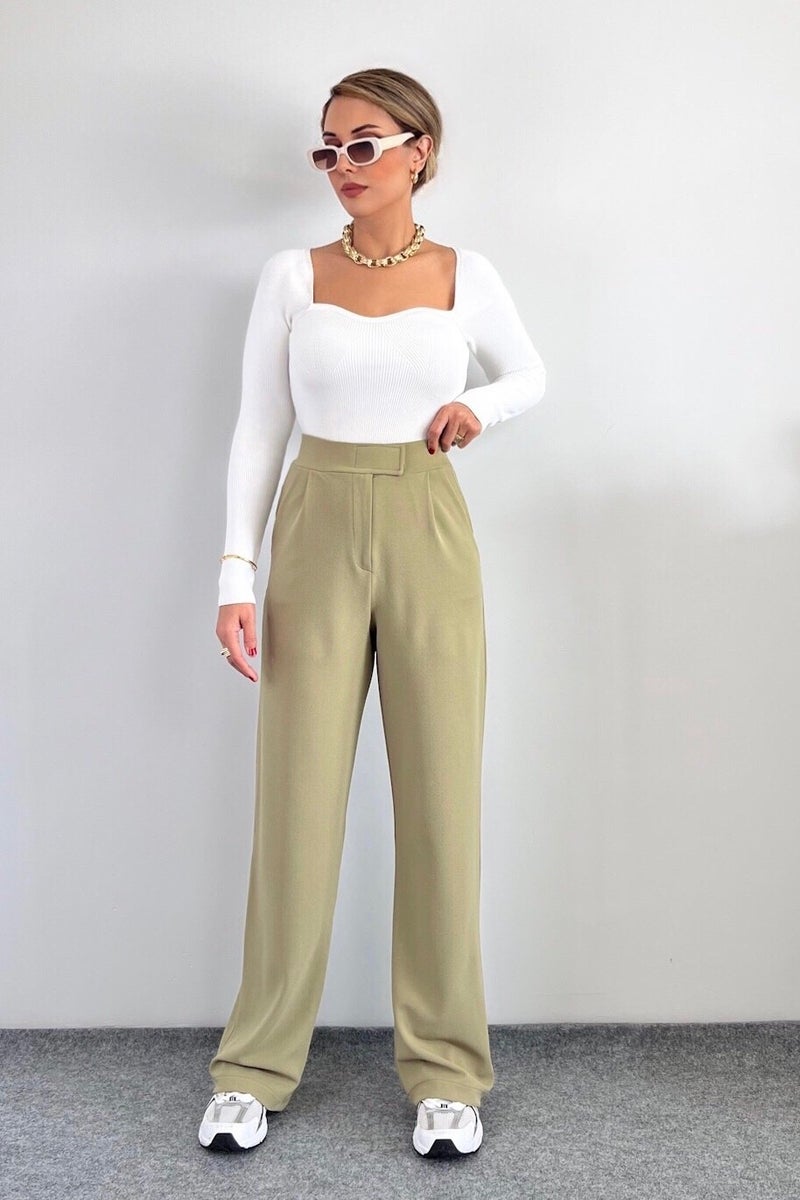 Ritnice بنطلون Palazzo نسائي من Ritnice Line بإغلاق فيلكرو من الليكرا باللون الأخضر الزيتي - Image 2