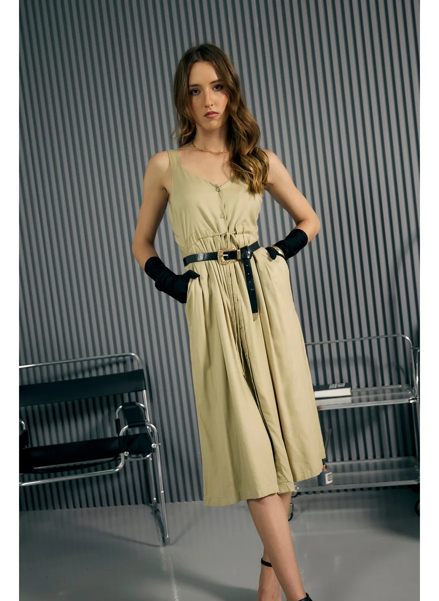 فيرجيو Virgio Women Viscose V-Neck Midi Length Solid Shoulder Straps Dress