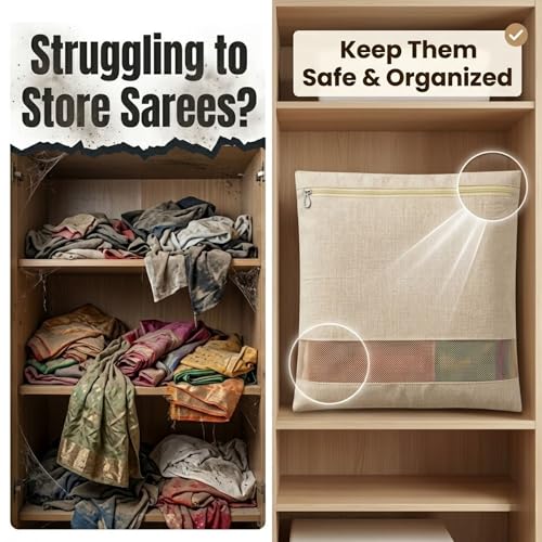 Gowloz Cotton Saree Cover Bags Set of 6 – Breathable Clothes Storage Organizer for Saree, Garments | Foldable Zip Wardrobe Bags with Transparent Mesh Window | Dustproof Closet & Travel Use - Image 5