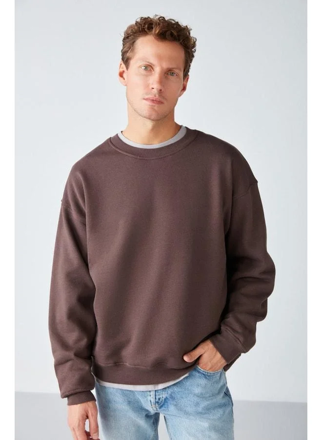 GRIMELANGE Stephan Men's Super Soft Fabric Organic Cotton Oversized Fit Round Neck Brown Sweatshirt