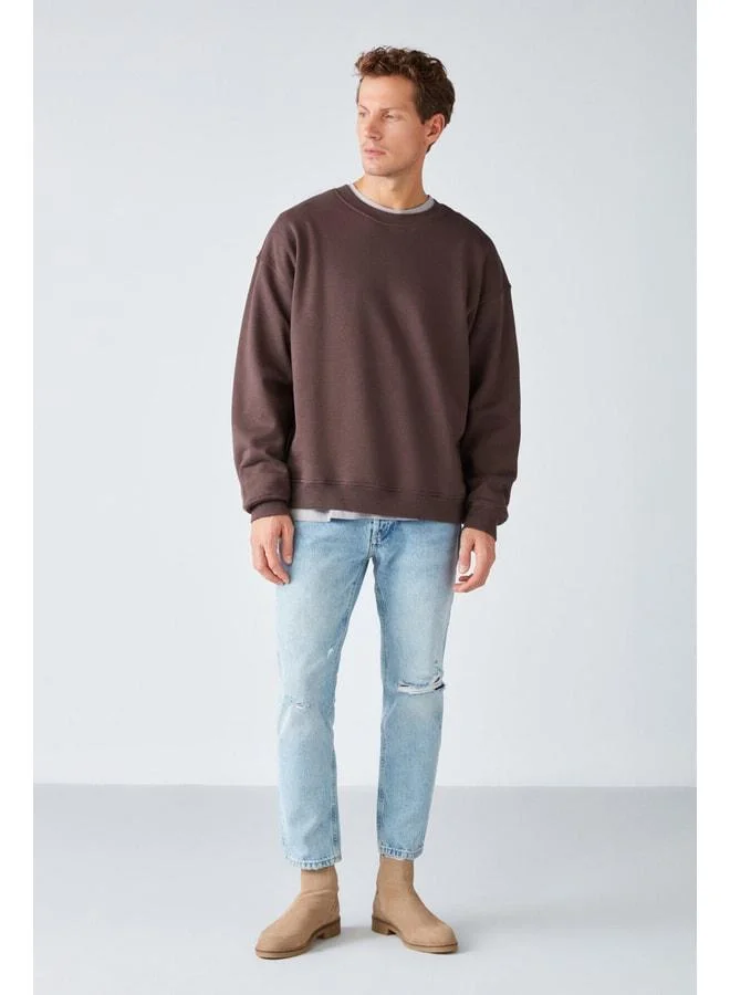GRIMELANGE Stephan Men's Super Soft Fabric Organic Cotton Oversized Fit Round Neck Brown Sweatshirt