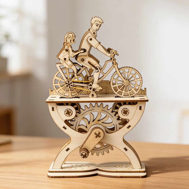 A 3D Wooden Bicycle Puzzle Father And Daughter Rotating Gear Model No Glue Needed - Image 2