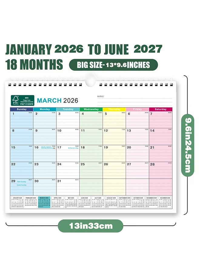 تقويم حائط 2026-2027، تقويم مكتبي كبير لمدة 18 شهرًا من يناير 2026 إلى يونيو 2027 بحجم 13" × 9.6" مع تقويم شهري وتثبيت بسلك مزدوج لتنظيم التخطيط المنزلي والمكتبي، بلوكات ملونة - Image 2