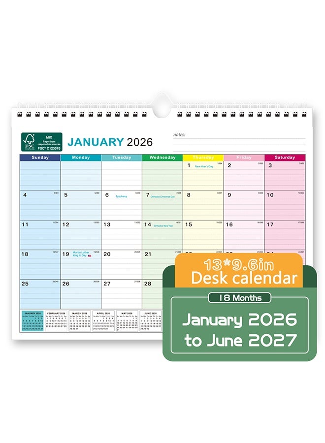 تقويم حائط 2026-2027، تقويم مكتبي كبير لمدة 18 شهرًا من يناير 2026 إلى يونيو 2027 بحجم 13" × 9.6" مع تقويم شهري وتثبيت بسلك مزدوج لتنظيم التخطيط المنزلي والمكتبي، بلوكات ملونة - Image 1