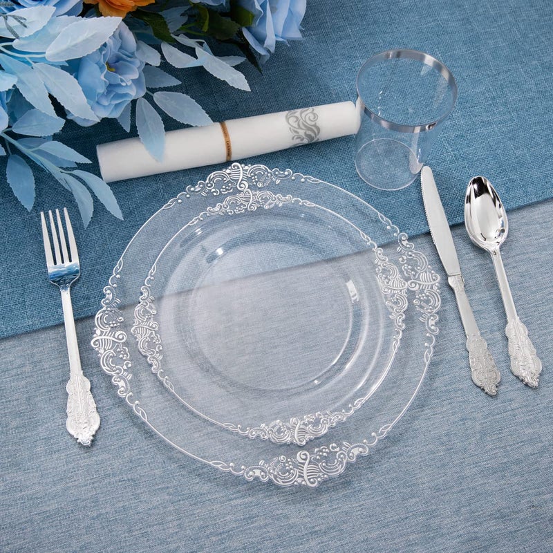 FLOWERCAT 175PCS Clear Silver Plastic Plates -Include 50 Plates, 25 Cups, 25 Forks, 25 Knives, 25 Spoons, 25Napkins for Wedding & Party&New Year - Image 4
