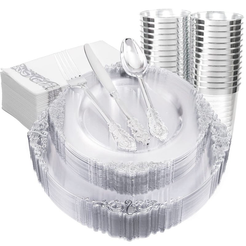 FLOWERCAT 175PCS Clear Silver Plastic Plates -Include 50 Plates, 25 Cups, 25 Forks, 25 Knives, 25 Spoons, 25Napkins for Wedding & Party&New Year - Image 1