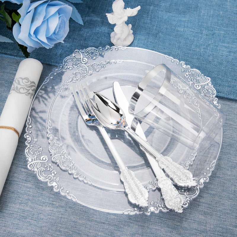 FLOWERCAT 175PCS Clear Silver Plastic Plates -Include 50 Plates, 25 Cups, 25 Forks, 25 Knives, 25 Spoons, 25Napkins for Wedding & Party&New Year - Image 5
