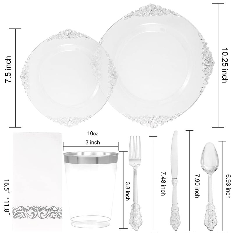 FLOWERCAT 175PCS Clear Silver Plastic Plates -Include 50 Plates, 25 Cups, 25 Forks, 25 Knives, 25 Spoons, 25Napkins for Wedding & Party&New Year - Image 2
