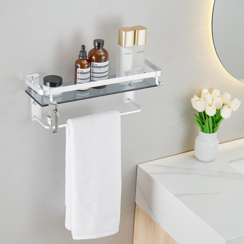 VOLPONE Glass Shelf for Bathroom 15.7 in Black Bathroom Shelves Wall Mounted Tempered Glass Shelving with 2 Removable Hooks (1 Tier) - Image 4