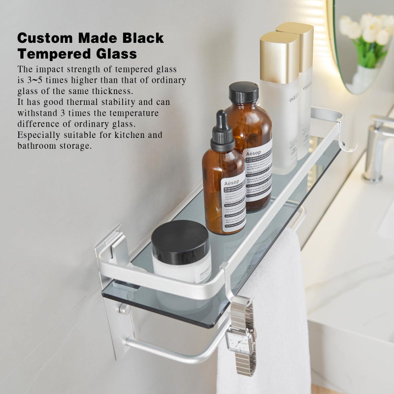 VOLPONE Glass Shelf for Bathroom 15.7 in Black Bathroom Shelves Wall Mounted Tempered Glass Shelving with 2 Removable Hooks (1 Tier) - Image 2