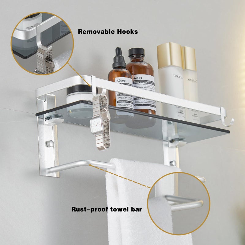 VOLPONE Glass Shelf for Bathroom 15.7 in Black Bathroom Shelves Wall Mounted Tempered Glass Shelving with 2 Removable Hooks (1 Tier) - Image 3