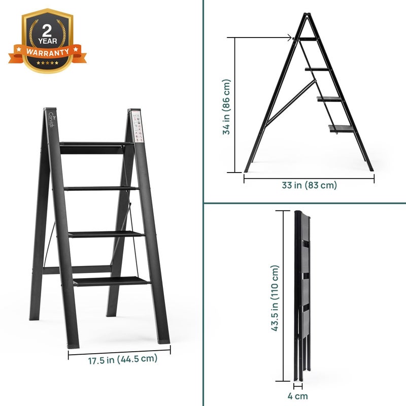 Corvids 4Steps Premium Folding Step Stool 2Year Warranty Wide AntiSlip Pedal Portable Lightweight Aluminum Step Ladder for Home and Office Use Black - Image 3