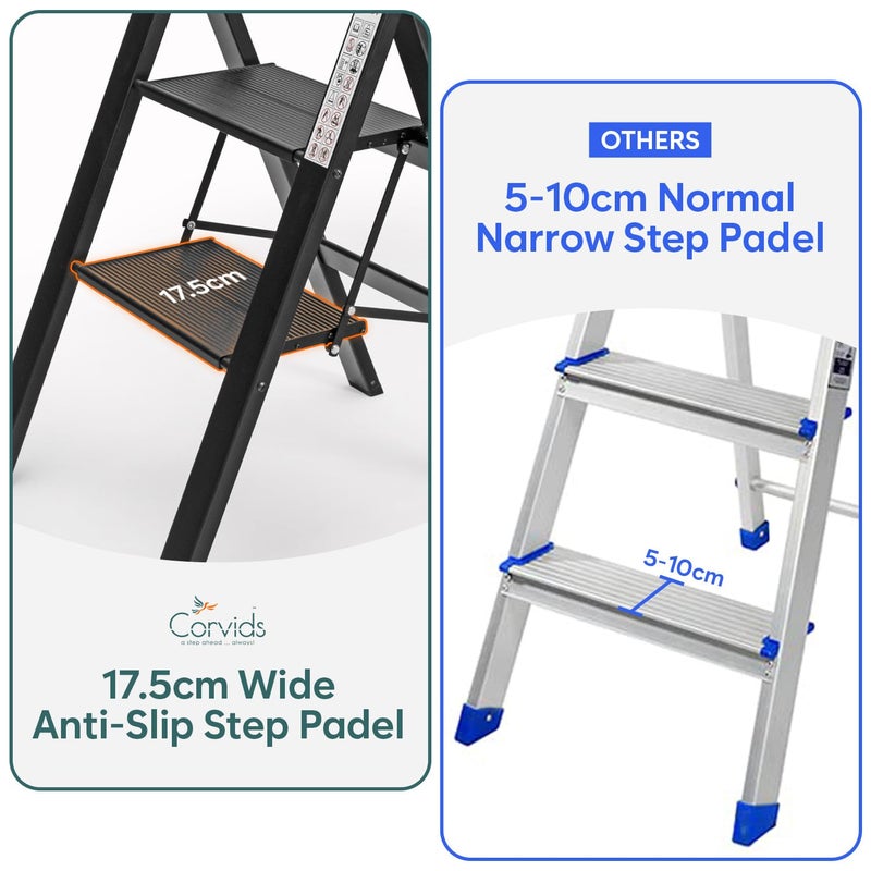 Corvids 4Steps Premium Folding Step Stool 2Year Warranty Wide AntiSlip Pedal Portable Lightweight Aluminum Step Ladder for Home and Office Use Black - Image 2