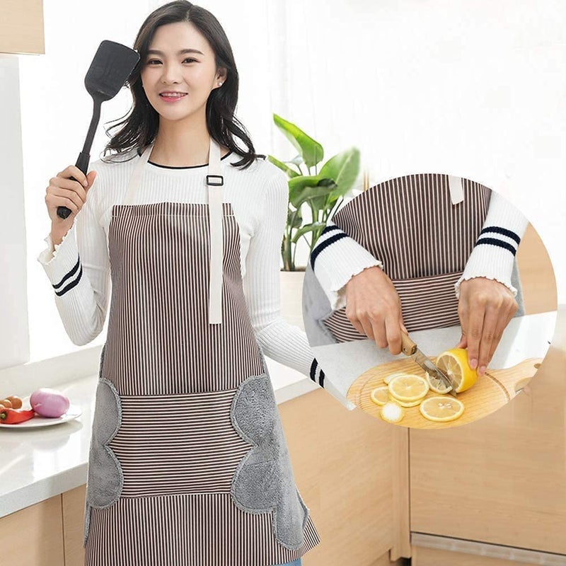 SKY-TOUCH Bib Apron with 2 Pockets, Adjustable Kitchen Aprons Side Wipe Hands Coral Velvet Towels Stitched Pinstripe Waterproof Cooking Baking Aprons Unisex (Brown) - Image 2
