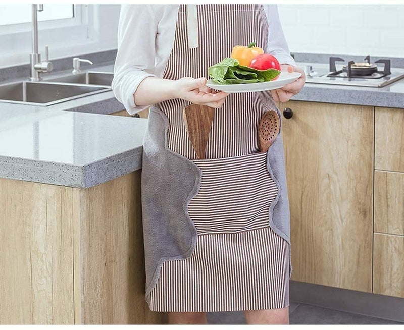 SKY-TOUCH Bib Apron with 2 Pockets, Adjustable Kitchen Aprons Side Wipe Hands Coral Velvet Towels Stitched Pinstripe Waterproof Cooking Baking Aprons Unisex (Brown) - Image 1