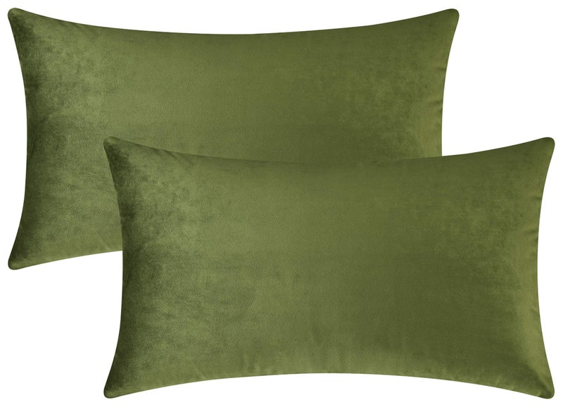 Mixhug Set of 2 Cozy Velvet Rectangle Decorative Throw Pillow Covers for Couch and Bed, Moss Green, 12 x 20 Inches - Image 1