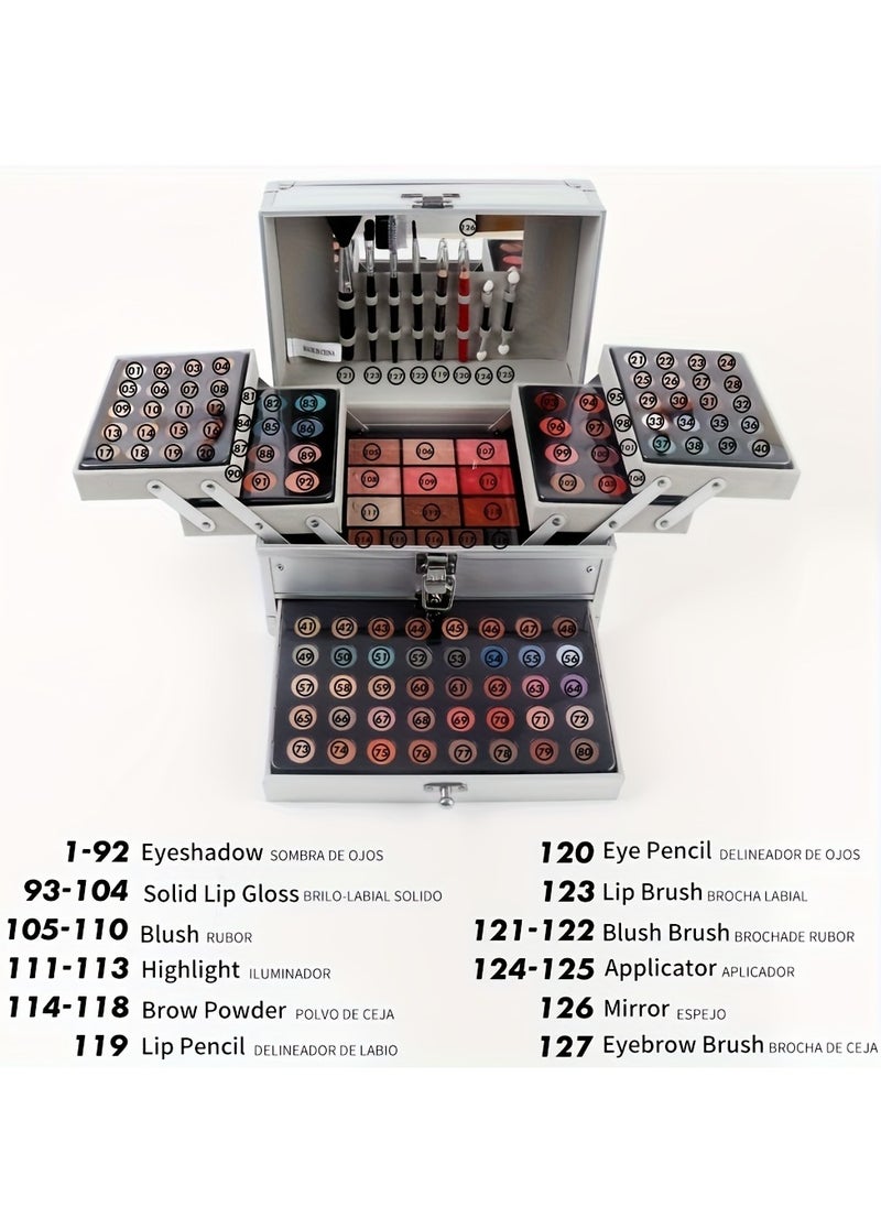 MISS YOUNG - 127Pcs/Set Idea Makeup Gift Box For Mother's Day Multi-Functional Make Up Case Set With Mirror & Brush Eyeshadow Lipstick Mascara Lip Liner Lip Gloss All In One Simplicity Silvery Ladies Cosmetics Set Full Set, Gifts For Women - Image 1