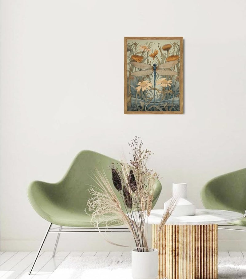 Hwetui Framed Vintage 3D Textured Wall Art Green Dragonfly Flowers Wall Decor Hand Drawn Sandstone Nature Botanical Pictures for Living Room Bedroom 16x24 inch - Image 4