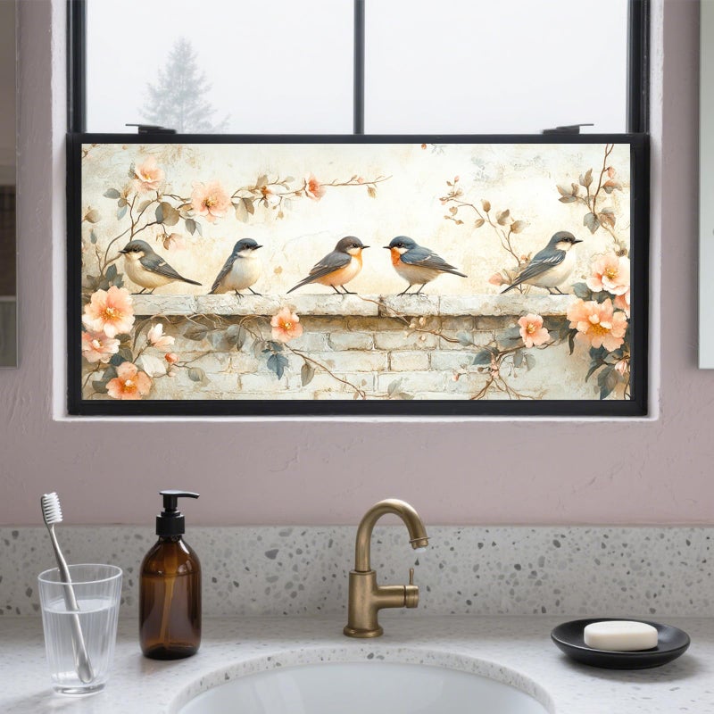 IVN Privacy Window Film 39.3x17.7 Inch Static Cling Decorative Window Film with Birds & Flowers Design for Bathroom Kitchen Office - Image 1