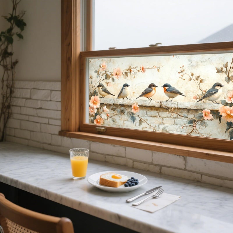 IVN Privacy Window Film 39.3x17.7 Inch Static Cling Decorative Window Film with Birds & Flowers Design for Bathroom Kitchen Office - Image 5