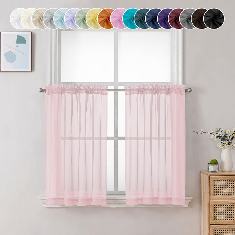 Chyhomenyc Sheer Curtains 36 inch Length 2 Panels  Light Filtering Voile Rod Pocket Short Window Sheer Curtians for Bathroom Living Room  2PCS  Blush Pink - Image 1