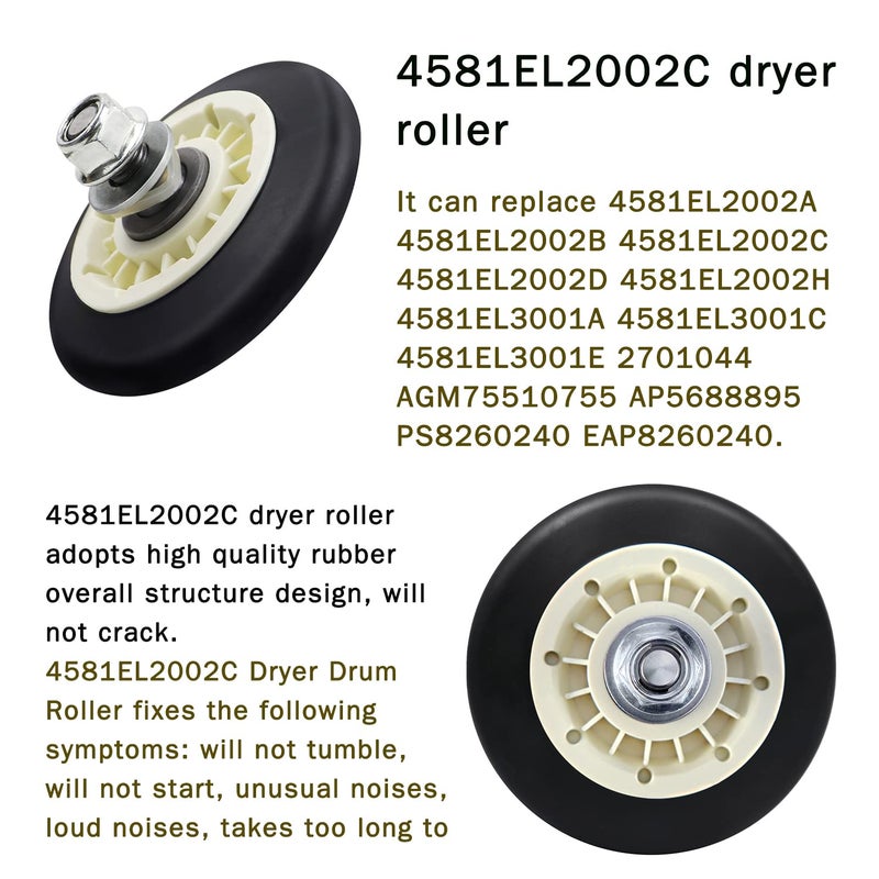 Casmer New Upgrade Dryer Roller Replacement Kit Fit for Lg or Kenmore Dryer, 4581EL2002C, 4561EL3002A, 4400EL2001D for DLEX8000V 79681072310 Dryer Drum Roller Kit Made of Premium Quality Material - Image 2